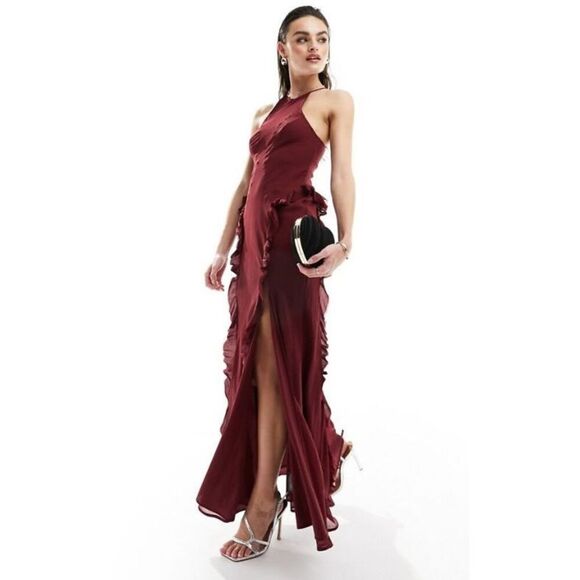 ASOS Design high neck ruffled maxi dress in berry - 14 - Picture 2 of 12